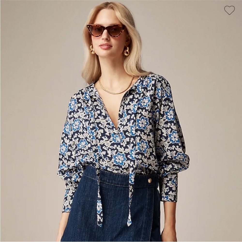 J.CREW V-Neck Tie Top in Floral Cotton-Blend dobby